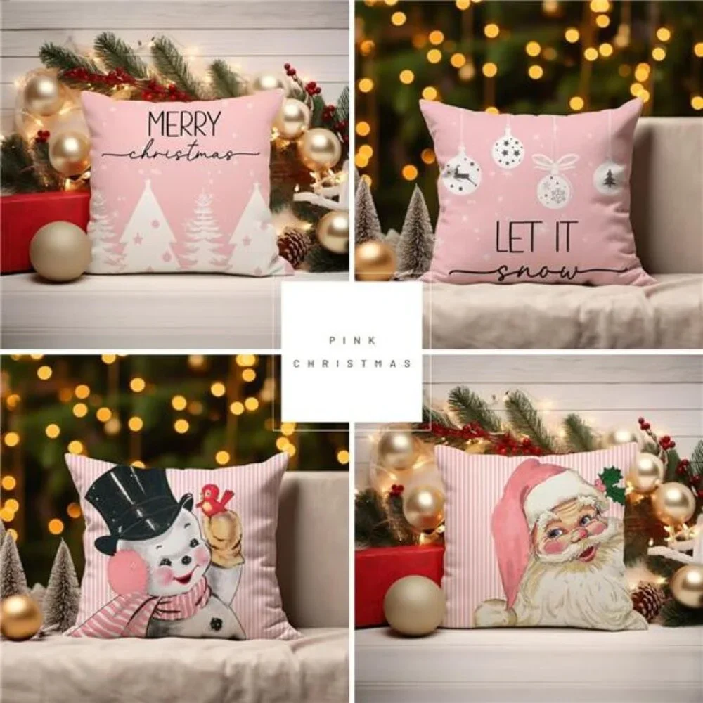 Set‎ of 4 Pink Christmas Pillow Covers, 18x18, Santa, Snowman, Snowflake & Tree